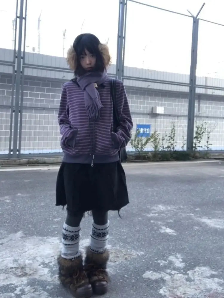Y2K Vintage Zipper Hoodie Women Long Sleeve Subculture Purple Stripe Priint Harajuku Style Autumn Spting Casual Tops Streetwear