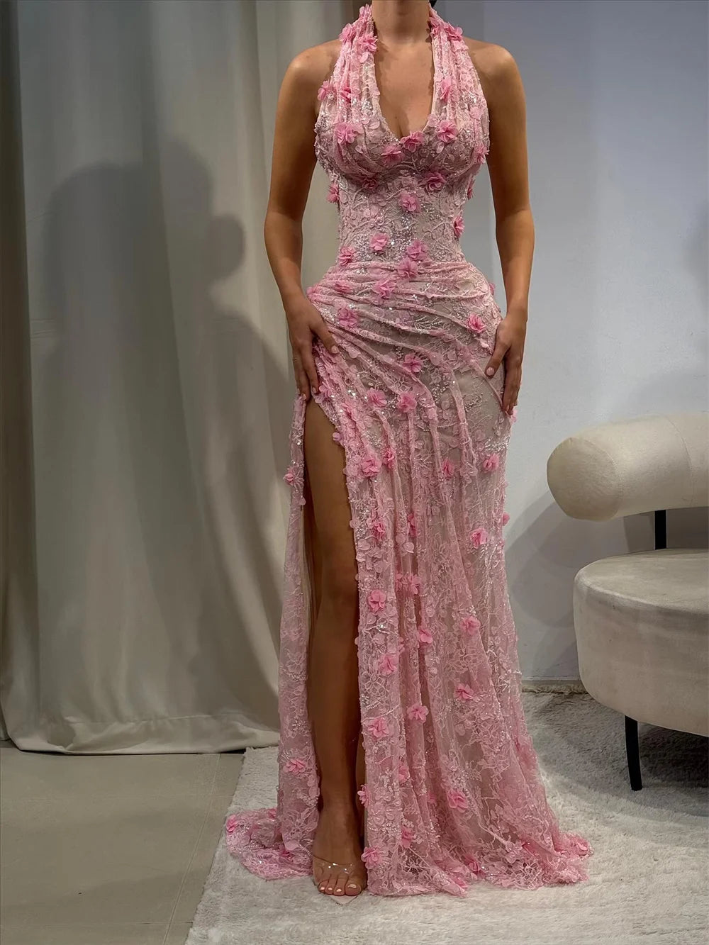 Contessa Customized Pink Floral Lace embroidery Prom Dress Halter Neck Sleeveless robes de soirée Slit Sheath Formal event dress