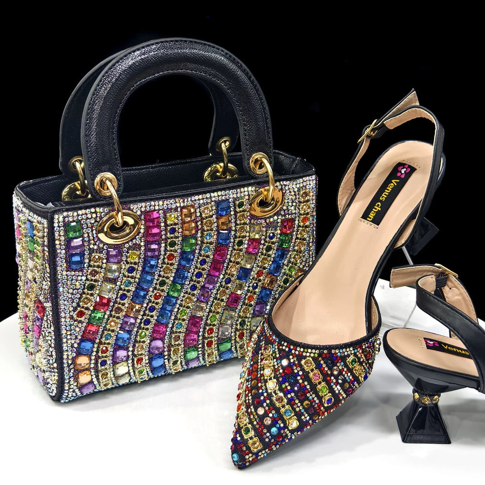 Rhinestone Pointed-Toe Slingback Heels & Bag Set