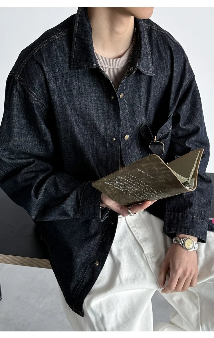 Men's American Vintage Washed Raw Denim Work Shirt Loose Fit Casual Trendy Overshirt Coat Premium Lyocell Spring Fall Streetwear