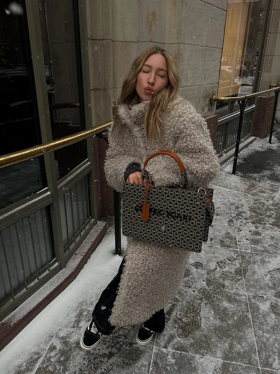 Gray Wool-Blend Faux Fur Maxi Coat