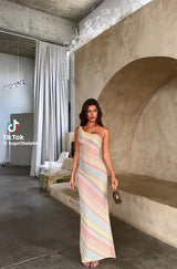 Color Blocked Knitted Long Dress Women Elegant Off Shoulder Corset High Split Vestidos 2026 Lady Daily Beach Vacation Wear New