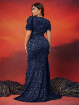Plus Size Elegant Short Sleeve Sequins Formal Evening Dresses Women Luxury Mermaid Wedding Party Bridesmaid Gowns