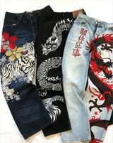 Harajuku Dragon & Snake Embroidered Wide-Leg Jeans
