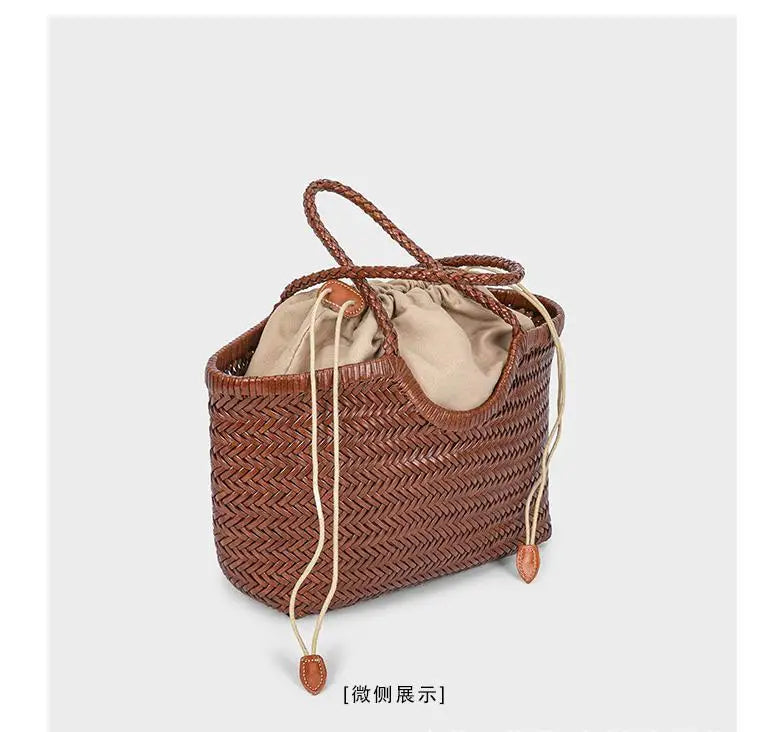 Hand-woven Genuine Leather Woven Casual Vegetable Basket Bag with Casual Woven Inside Bag Shoulder Underarm Tote Bag