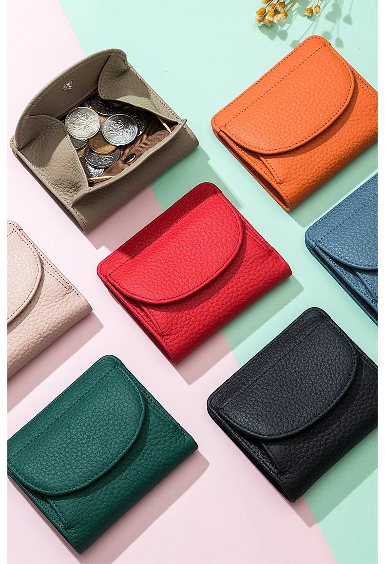 New Women Genuine Leather Mini Wallet RFID Folding Simple Ultra-thin Small Soft Cowhide Wallet Female Card Holder Coin Bags