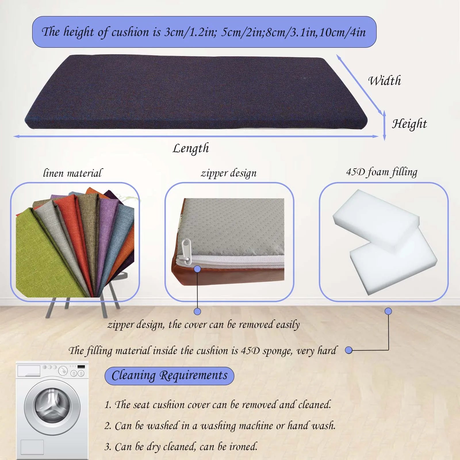Linen Seat & Window Cushion with Zipper | Custom Sizes
