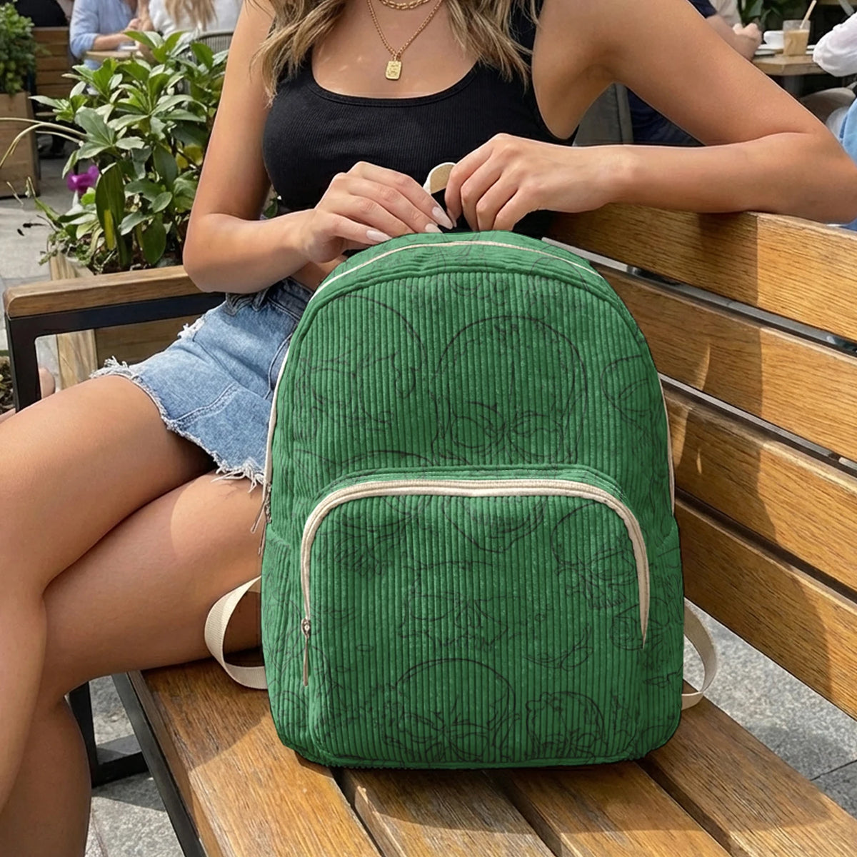 Gothic Skull Allover Print Women Fashion Backpack Corduroy Multi-pocket Large Capacity Commuter Bag
