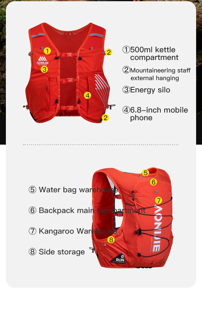 AONIJIE C9116 Unisex 10L Sports Running Backpack Lightweight Off-Road Hydration Pack for Hiking Off-road Cycling Race Marath