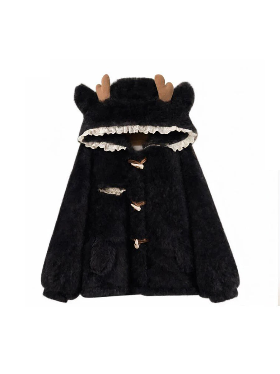 Women's Hooded Faux Fur Coat with Deer Ears
