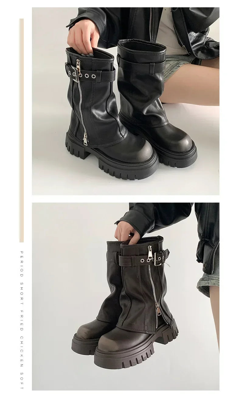 Women's Biker Boots – Belt Buckle Platform Mid-Calf