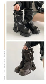 Women's Biker Boots – Belt Buckle Platform Mid-Calf