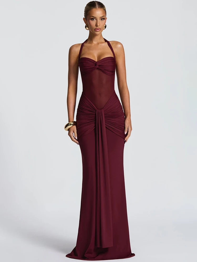 Women’s Halter Backless Maxi Dress – Off-Shoulder Ruched Bodycon Club Party Gown