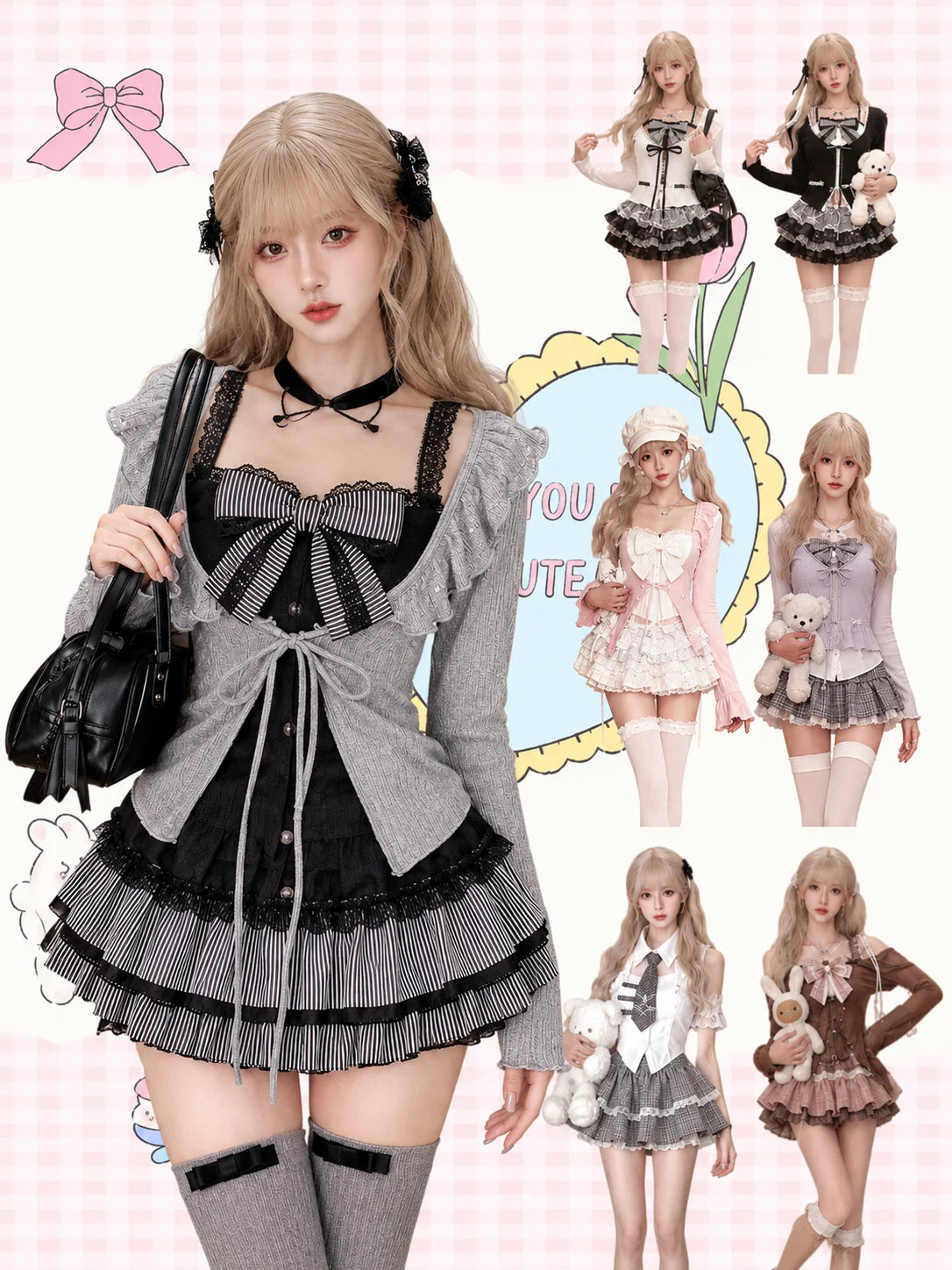 Japanese Sweet Preppy Style 2 Piece Set Women Kawaii Lace Patchwork Bow Tops + Y2k Plaid Mini Skirt Elegant Fashion Outifits New