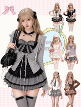Japanese Sweet Preppy Style 2 Piece Set Women Kawaii Lace Patchwork Bow Tops + Y2k Plaid Mini Skirt Elegant Fashion Outifits New