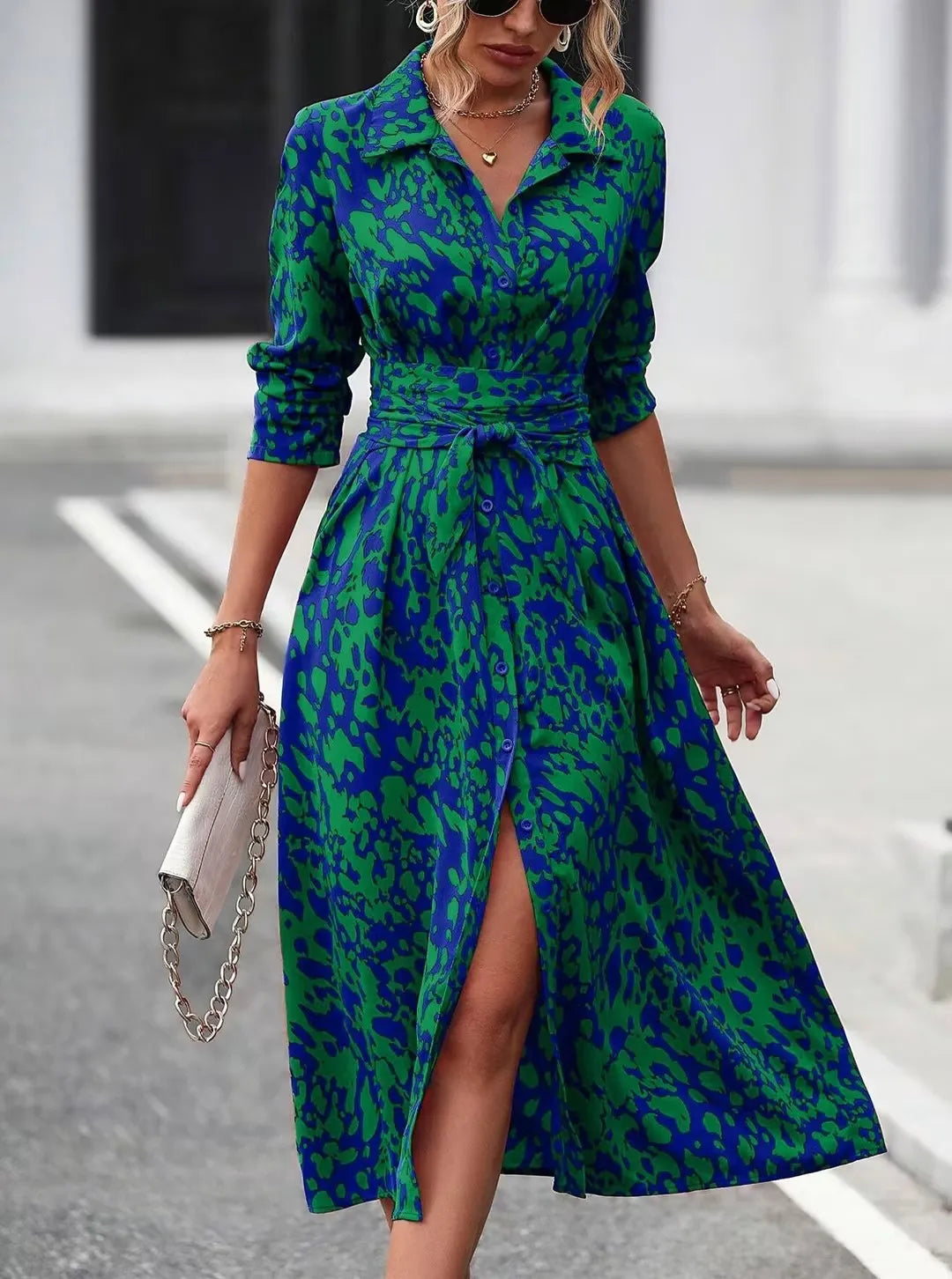 Elegant Print Belted Midi Dress