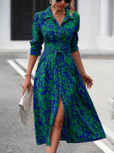 Elegant Print Belted Midi Dress