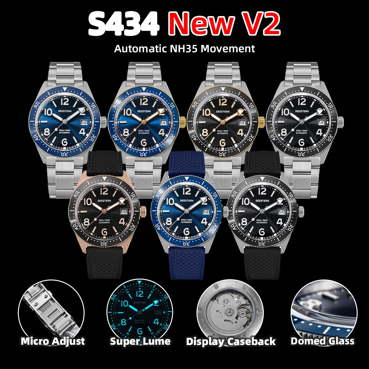 SEESTERN Diver Mens Watch Automatic Japan NH35A Movement 200M Waterproof Mechanical Wristwatches Luminous Domed Crystal S434 new