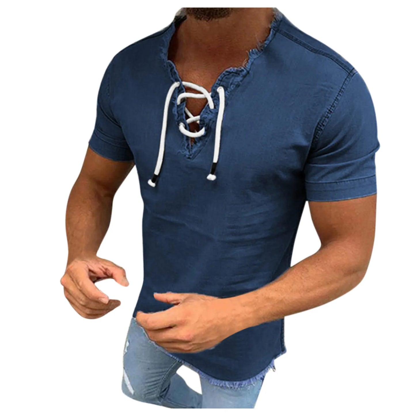 Jeans Shirt Jackets For Man Short Shirt Tops Male V Tassel Denim Solid Neck Sleeve Blouse Men рубашка мужская с длинным рукавом