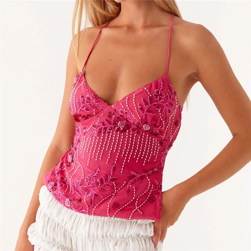 Y2K Sequin & Pearl Halter Crop Top