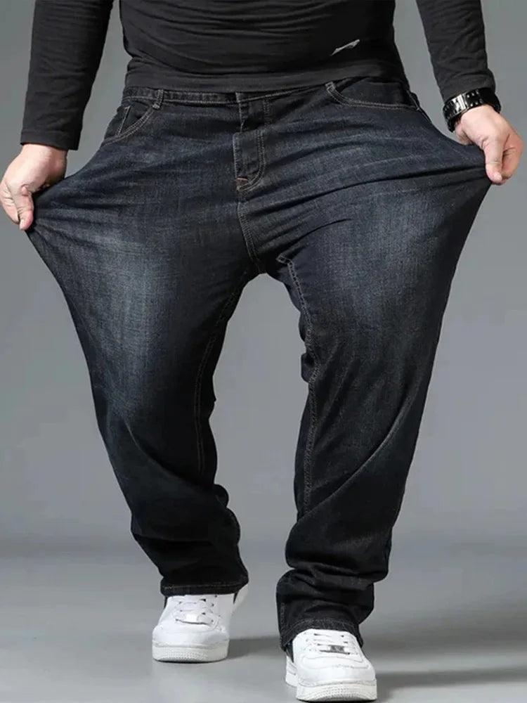 Plus Size Men's Jeans 10XL(160kg) Straight Leg Stretch Denim Pants For 160KG Heavyweight Blue/Black Big & Tall Casual Trousers
