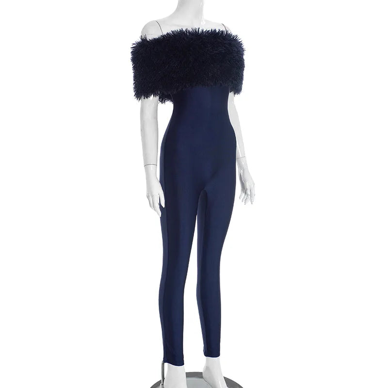 Elegant Off-Shoulder Fur Jumpsuit - Luxury Bodycon Party Wear