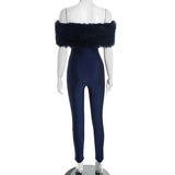 Elegant Off-Shoulder Fur Jumpsuit - Luxury Bodycon Party Wear