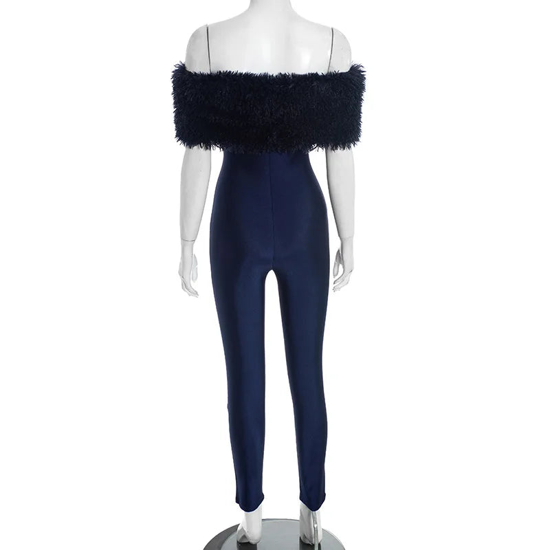 Elegant Off-Shoulder Fur Jumpsuit - Luxury Bodycon Party Wear