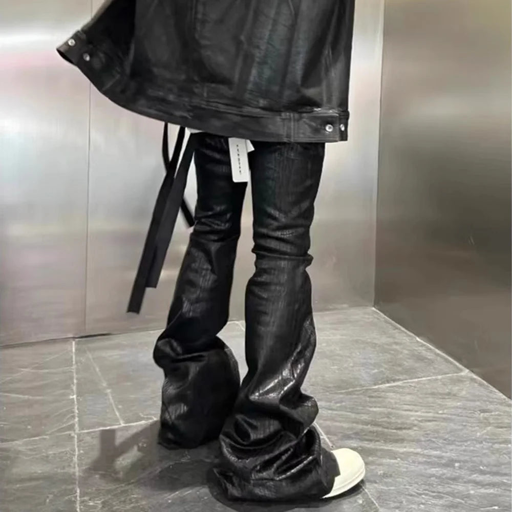 Black Waxed Leather Stretch Flare Jeans
