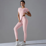 Yoga Set Women Workout Set Sportswear Gym Clothing Fitness Shorts Sleeve Crop Top High Waist Leggings Sports Suits