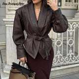 Women Vintage Brown Leather Jacket Lapel Padded Shoulder High Waist Leather Coat With Belt 2025 Lady Autumn Fashion Short Coats