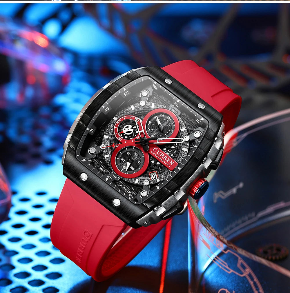 Men’s Sport Quartz Watch – Yellow Silicone Strap, Luminous Auto Date Square Dial