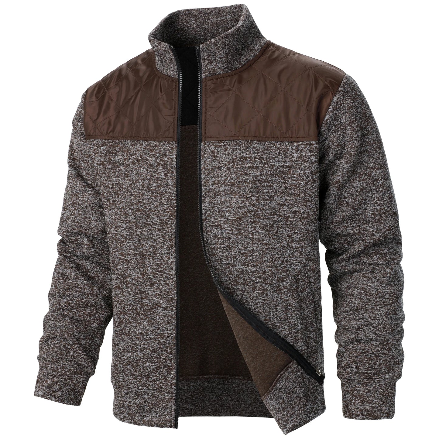 Men's Autumn/Winter Zip-Up Knit Jacket – Striped Check Stand Collar Sweater Coat