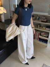 Spring/Summer New American Retro Fashionable High Waist Washed Used Cat Beard Jeans Loose Wide Leg Pants Women