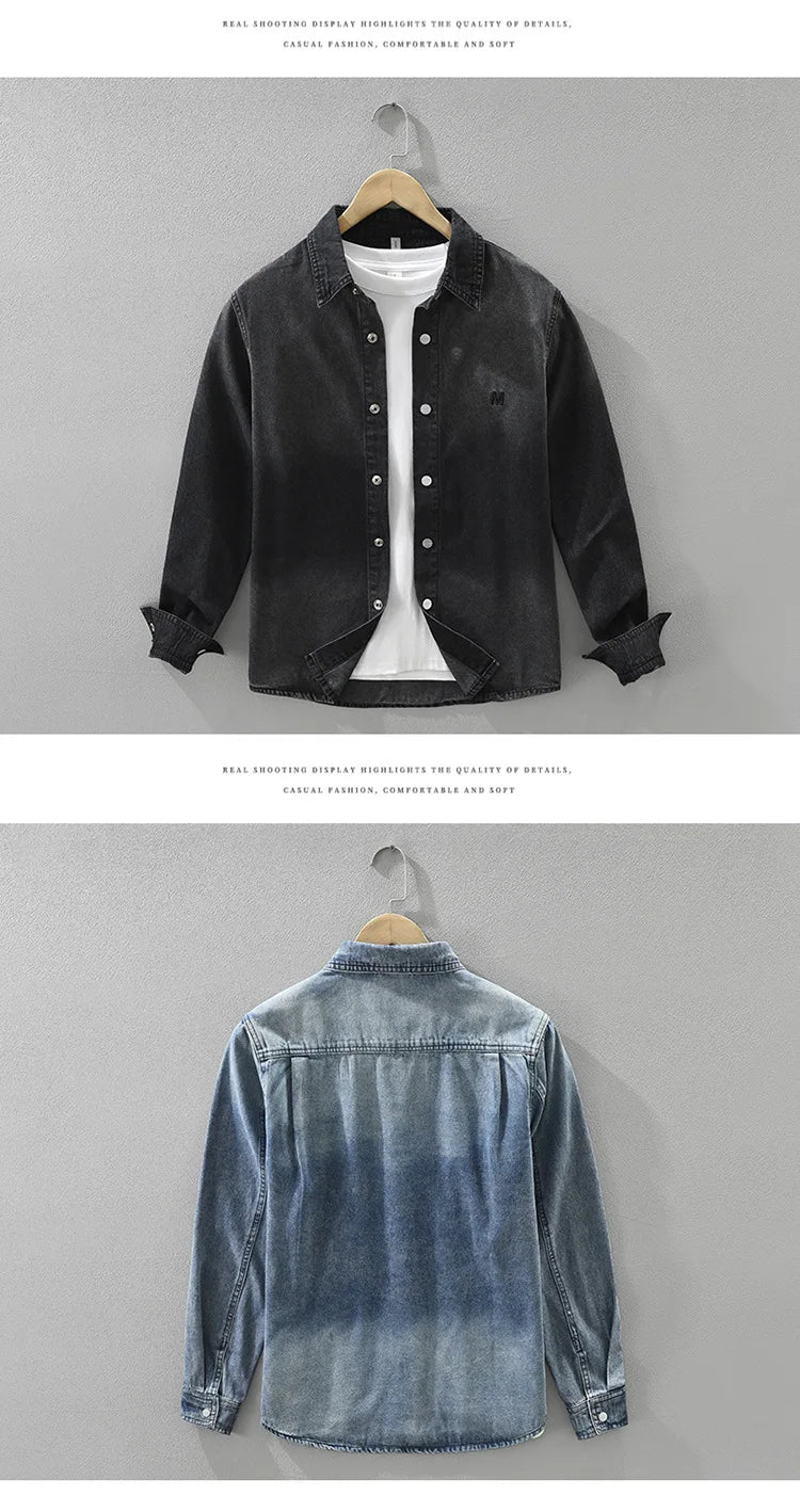 2025 Autumn New Letter-embroidered Vintage Washed Long Sleeve Denim Shirt for Men Clothing Cotton Versatile Streetwear CM7738