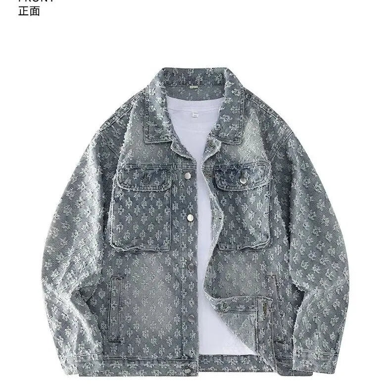 Fashionable Premium Jacquard Washed Denim Jacket for Men - Autumn New Arrival American Vintage Distressed Streetwear Style
