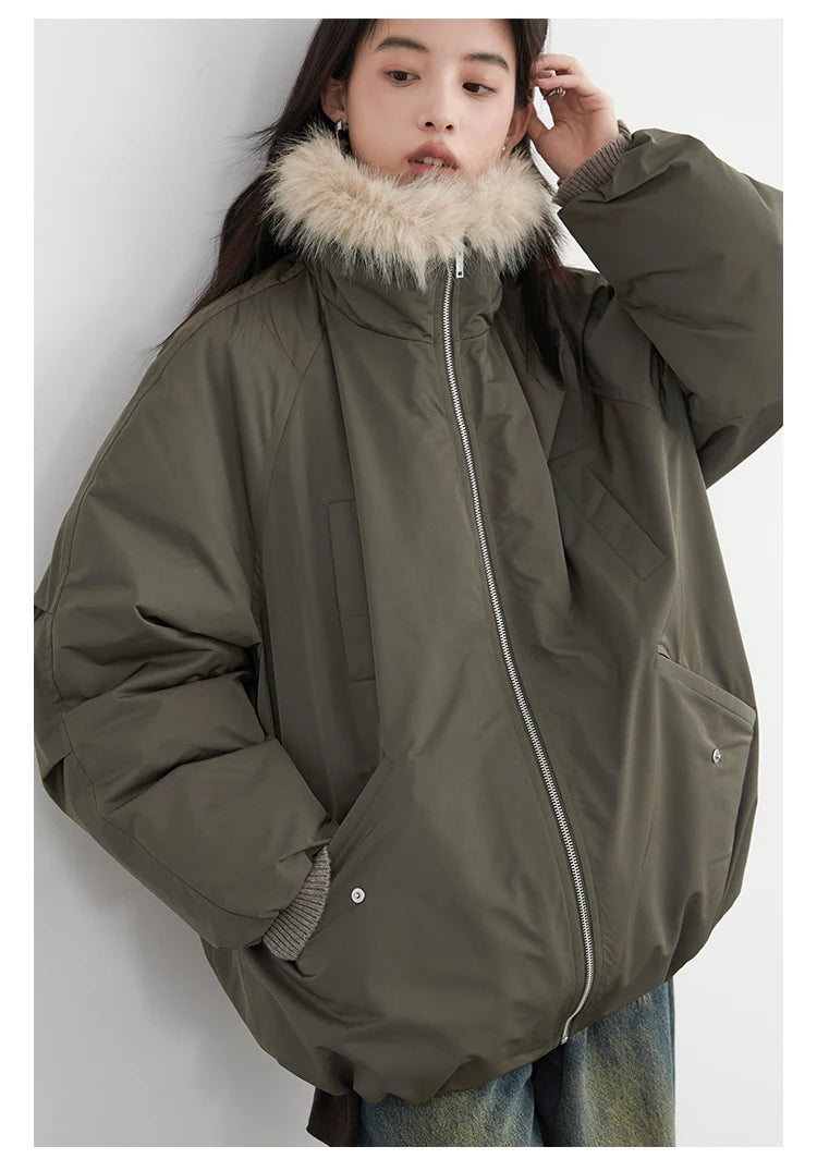 Women's Hooded Down Jacket with Faux Fur Collar