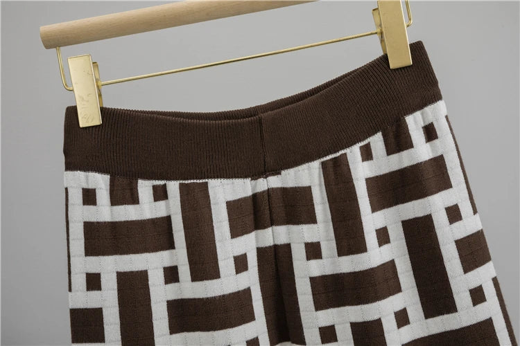 Women’s Autumn Color-Block Knit Set | Loose Split Top & Wide Leg Pants