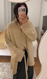 Chic V-neck Knitted Lace-up Women Cardigan Elegant Solid Full Sleeve Loose Cropped Sweater 2026 Lady Commute Office Cardigans