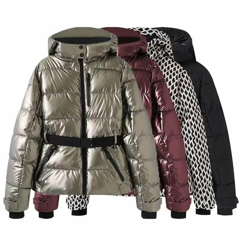 Women's Hooded Winter Parka – Insulated Mid-Waist Jacket with Adjustable Belt