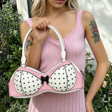 Polka Dot Bra Y2k Bags for Women Unique Novelty Cute Pink Bikini Handbag with Bow Harajuku Streetwear Funny Party Shoulder Bag