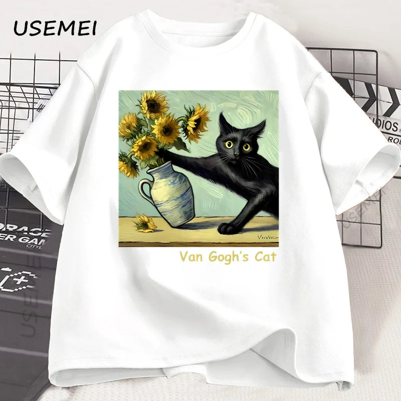 Van Gogh's Cat Art Print T Shirt Funny Graphci T Shirts Cotton Trendy Summer Loose Short Sleeved T-shirt Men Women Harajuku Top