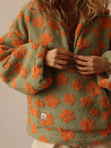 Zekye Women's Sweatshirt Flower Fleece Half Zipper Lapel Sweater Thickened with Lining Winter Clothes Woman Y2k Clothes