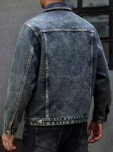American style multi pocket denim jacket for men blue grey vintage washed loose fitting versatile trendy workwear jacket