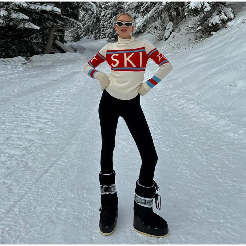 Women’s Retro Ski Print Turtleneck Sweater