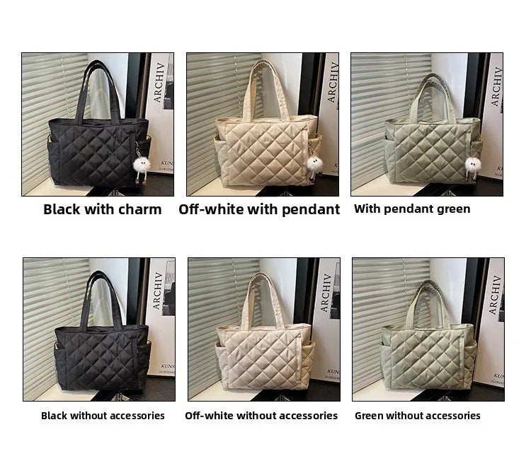 Multi Pocket Women Mailman Bag Diamond Patterned Cotton Clothing Shoulder Bag Large Capacity Tote Bag Casual Nylon Shoulder Bag
