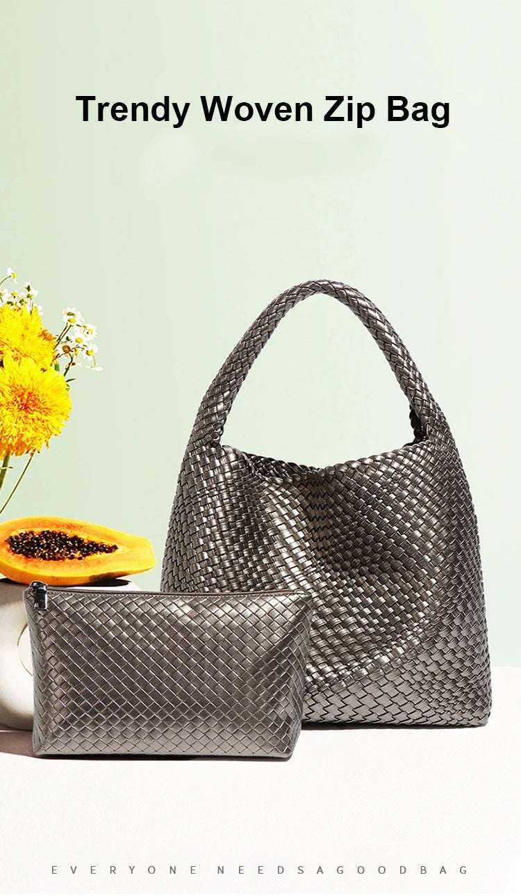 2025 Women Bag Luxury PU Leather Handbag Lady Fashion Handmade Knitting Tote Female Hand-woven Basket Shoulder Bag with Purse