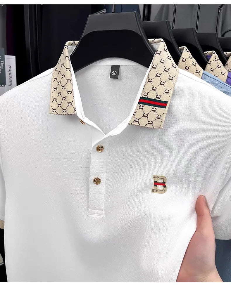 B Letter Embossed Short Sleeve Polo Shirt for Men