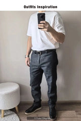 Maden Retro 12.8oz Grey Striped Jeans Straight Fit Zip Fly with Pockets Versatile Herringbone Trousers for Men's Spring and Fall