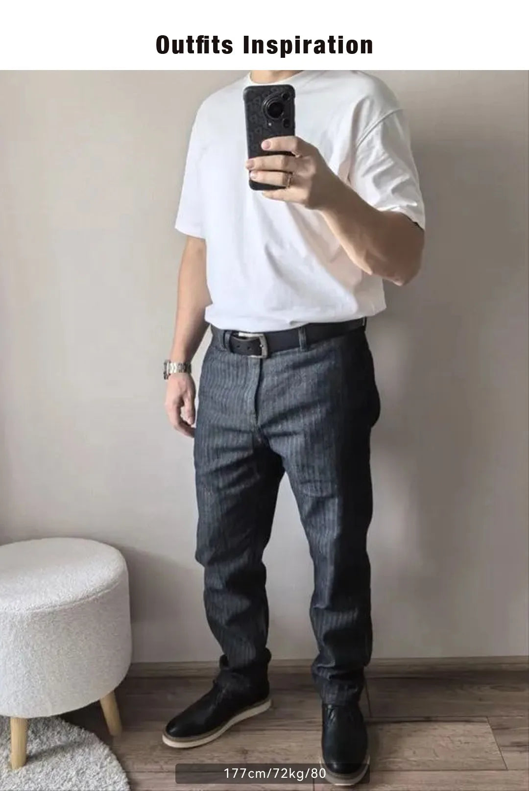 Maden Retro 12.8oz Grey Striped Jeans Straight Fit Zip Fly with Pockets Versatile Herringbone Trousers for Men's Spring and Fall